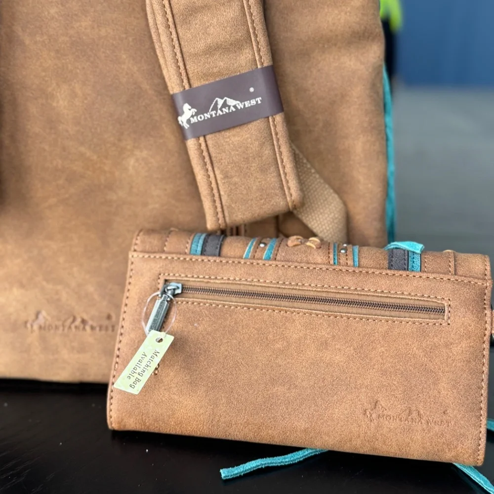 Montana West Fringe Buckle Collection Backpack Wallet Set- Brown